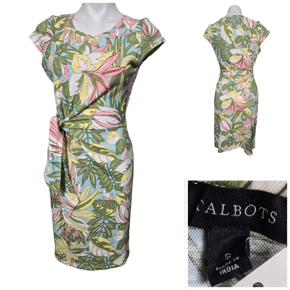 Talbots Sheath Dress Tropical Floral Side Tie Green multicolor S office casual